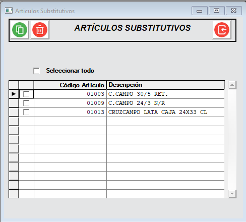 Ventana para gestionar artículos sustitutivos en sed