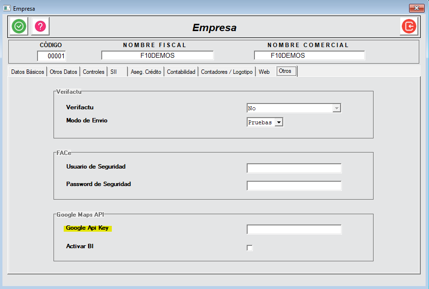 Parámetros de empresa Google Api Key en SED/SEDWEB