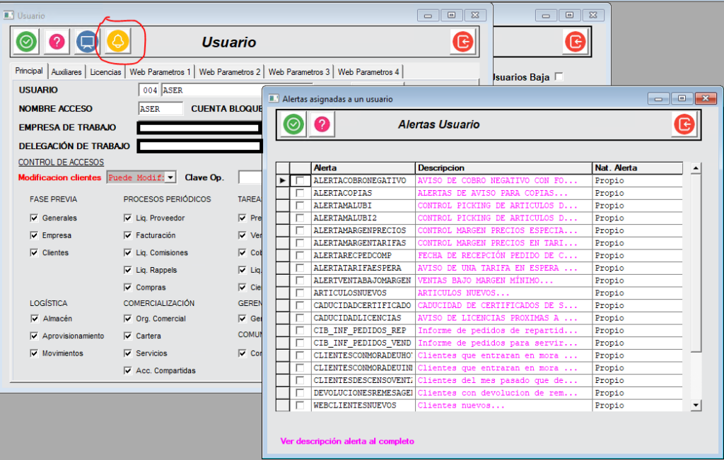 Ventana de administración de alertas